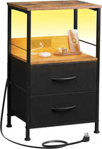 WLIVE Nightstand with Charging Station, LED Night Stand with 2 Fabric Drawers and Open Shelf, Small Dresser for Small Spaces, Side End Tables for Bedroom, Rustic Brown and Black