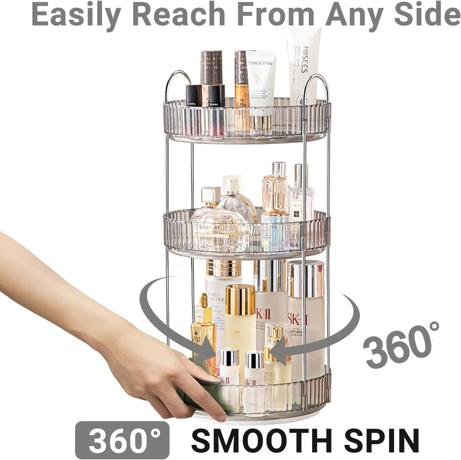 360 Rotating Makeup Organizer,3 Tier Large Capacity Make Up Organizers and Storage,Makeup Organizer for Bathroom,Cosmetic Perfume Stand Organizer(Grey-3 Tier)