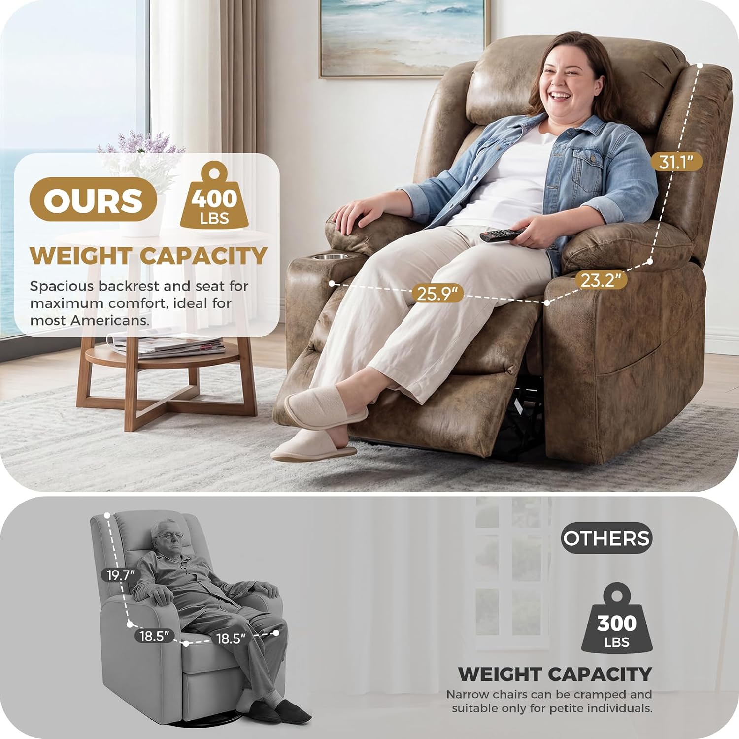 Oversized Power Lift Recliner Chair, Big and Tall, Light Brown | Lift Chairs with Massage and Heating, Breathable Faux Leather with Metal Cup Holders, USB A&C Ports