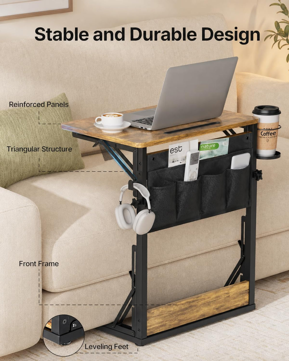 HUANUO Adjustable TV Tray Table with Cup Holder, Storage Bag & Tablet Slot