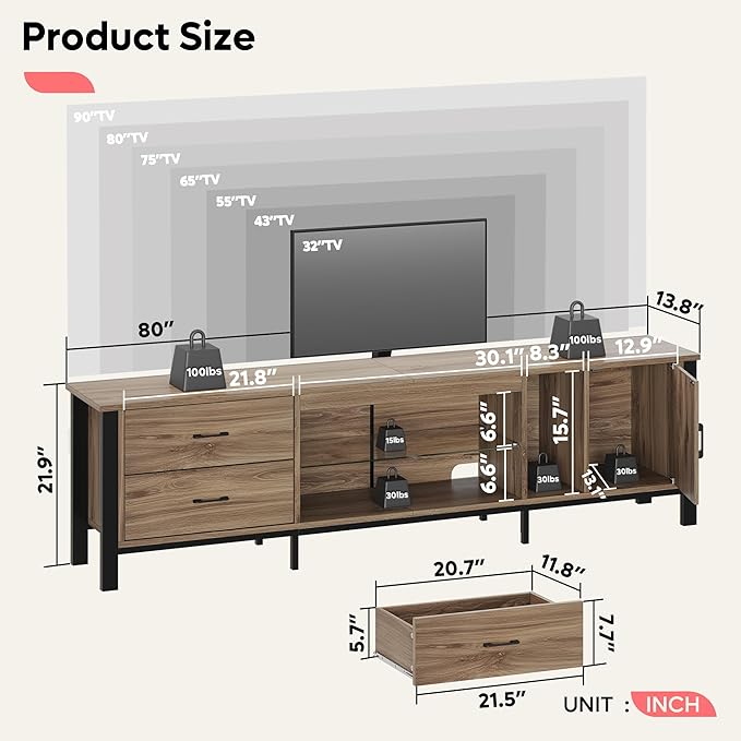 Bestier TV Stand for 75/80/85 inch TV, LED Gaming Entertainment Center, Modern TV Cabinet with Glass Shelves for Living Room, Media Console with 2 Storage Drawers & Cabinets for Bedroom, Pinewood