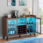 Wine Bar Cabinet with Led Light, Home Coffee Cabinet with Wine & Glass Rack | Kitchen Buffet Sideboard with Storage Shelves, Freestanding Liquor Cabinet for Living Room, Dining Room (Walnut)
