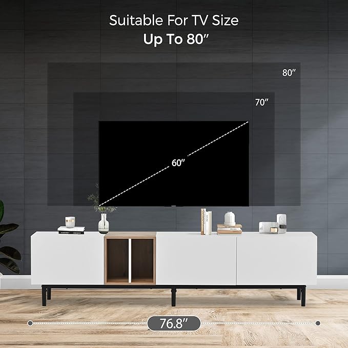 Modern 76.8" TV Stand for TVs Up to 80", Wooden Entertainment Center with 3 Cabinets & Open Shelves, Media Console with Storage for Living Room, Bedroom & Entertainment Spaces