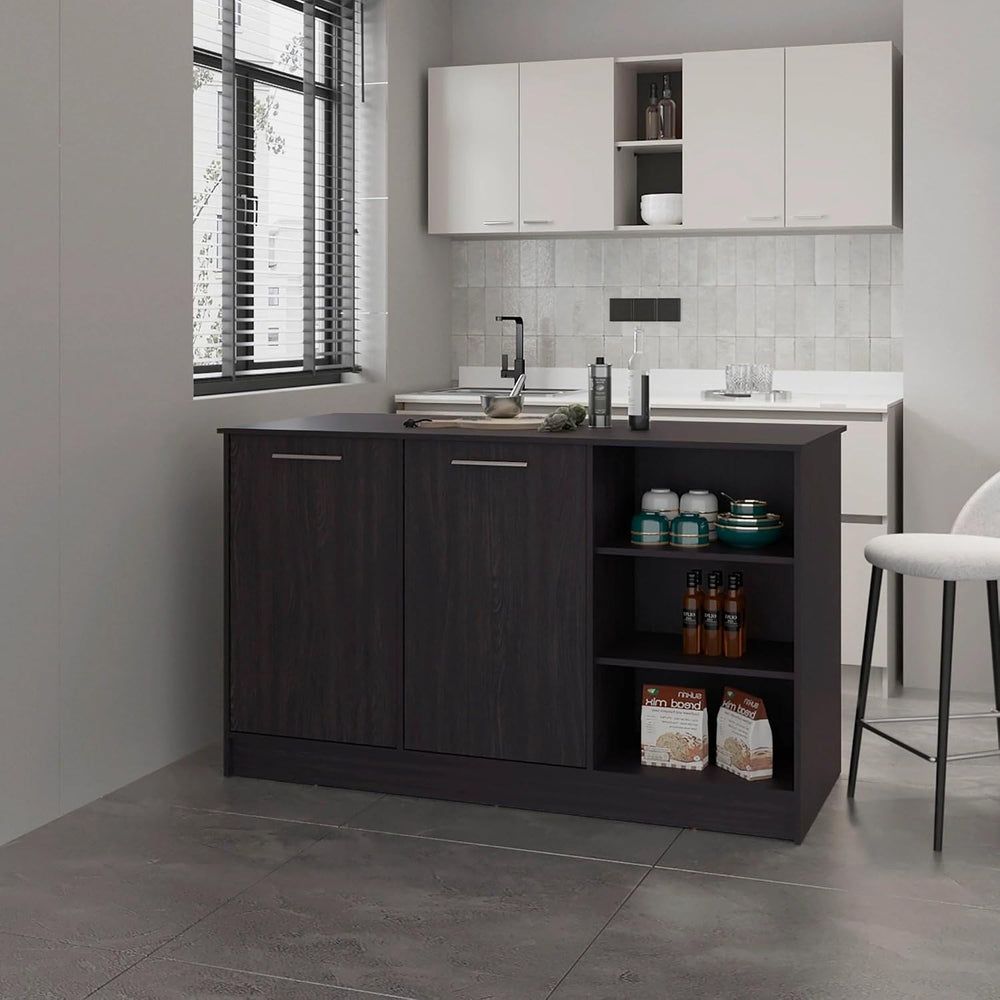 Wengue Kitchen Island with 2-Door and Open Storage | Six-shelf design with op...