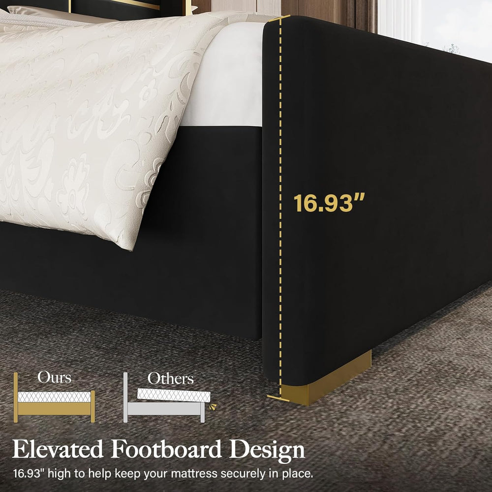 Queen Bed Frame with 55.12" Tall Headboard, Black and Gold