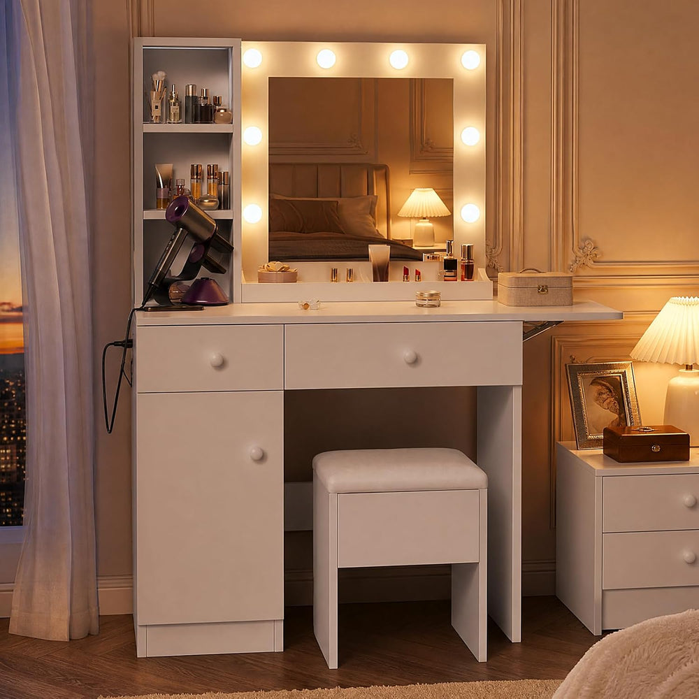 Haewon White Makeup Vanity Desk with Lighted Mirror and Storage Chair | Vanit...