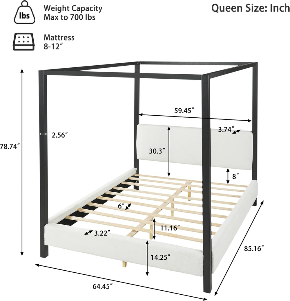 LUMISOL Queen Size Metal Canopy Bed with Upholstered Headboard, Modern Black ...