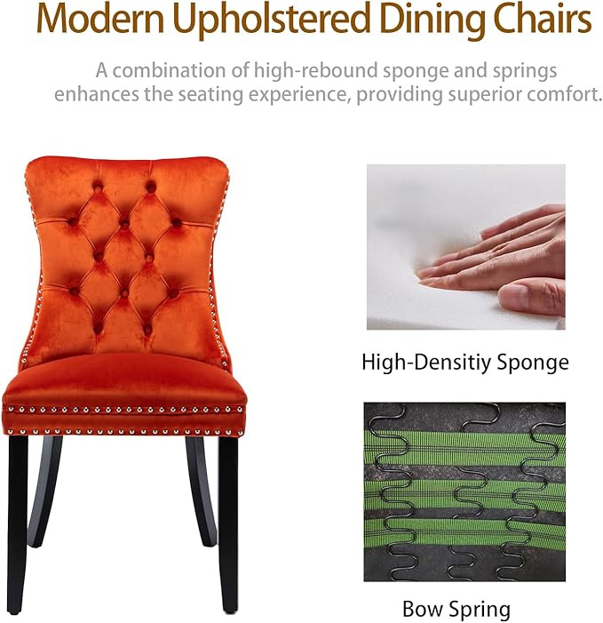 Velvet Kitchen Chairs Set of 6, Tufted Upholstered Dining Room Chairs with Back Ring Pull, Nailhead Trim and Solid Wood Legs, Modern Dining Chairs for Dining Room, Kitchen,Orange