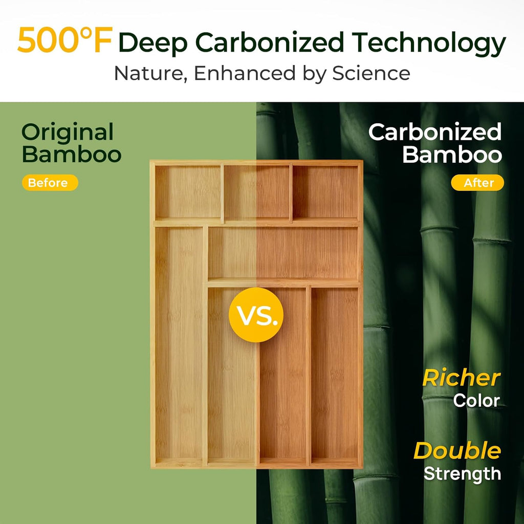 Carbonized Bamboo Kitchen Drawer Organizer, 8 Slots Silverware Organizer, Utensil Holder & Cutlery Tray, 2.2" Deep for Extra Capacity, Non-Slip Feet Included