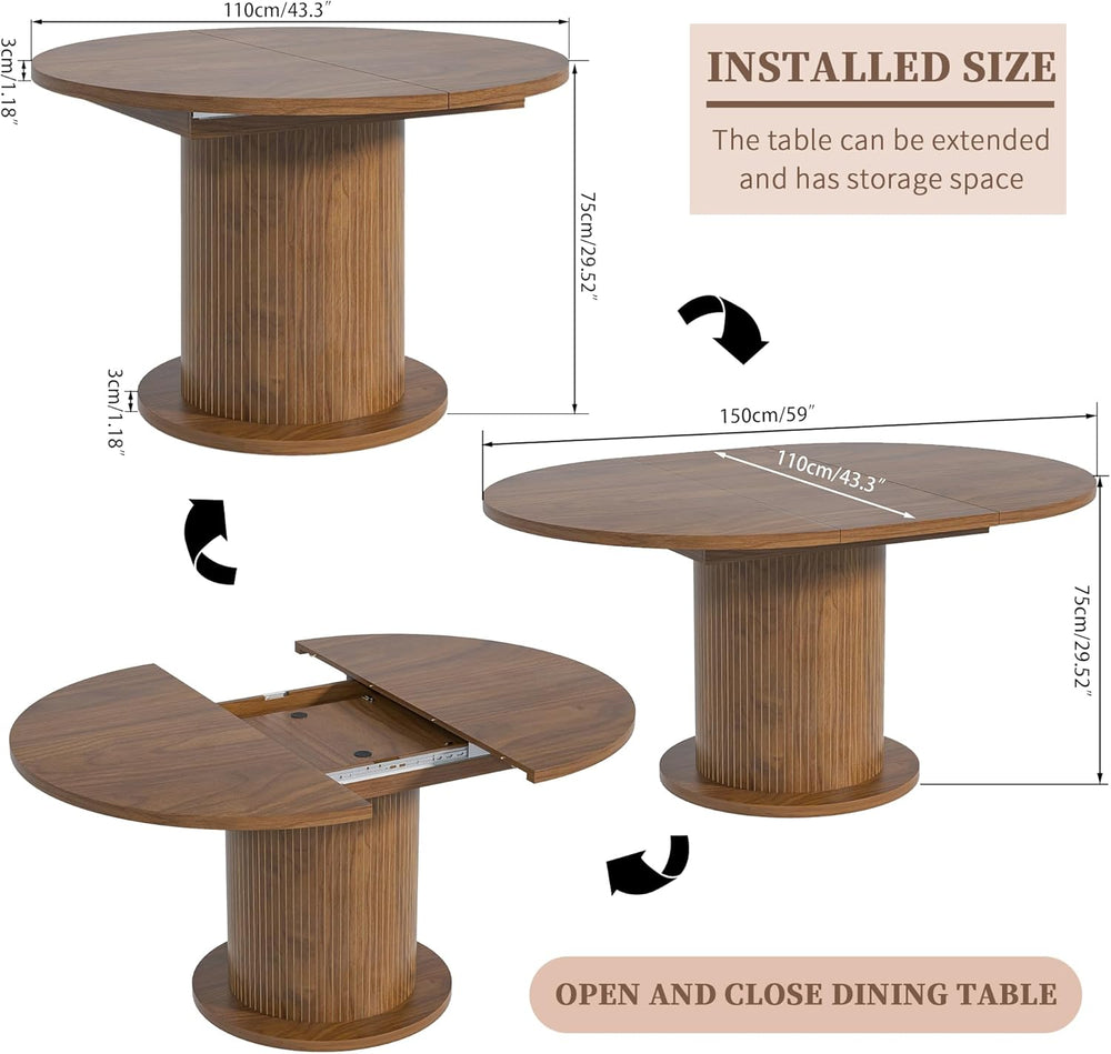 43.3 inch 59 inch Adjustable Size Round Dining Table for 4 6, Unique Design M...