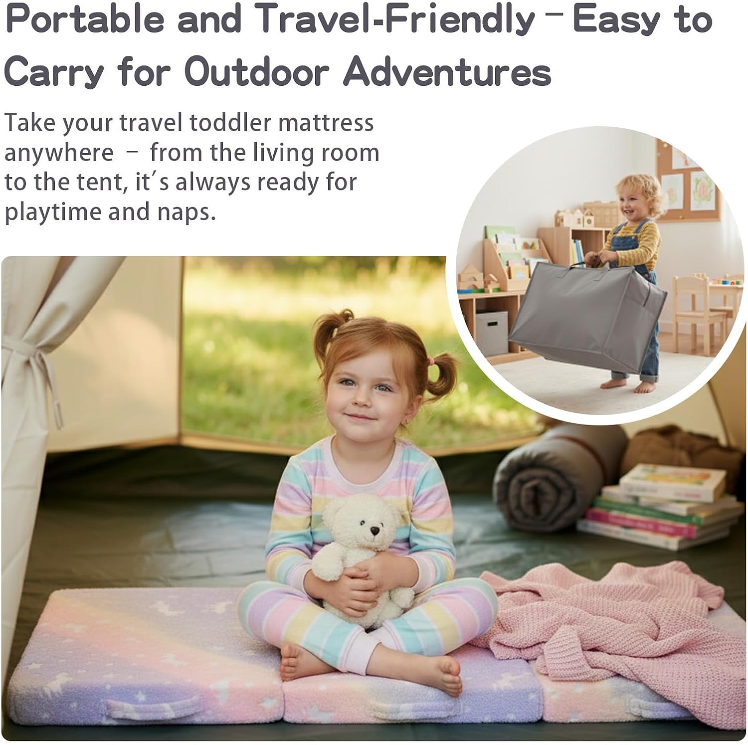 Tiita Foldable Floor Mattress for Kids-Glow in The Dark Toddler Nap Mat with Storage Bag, Portable Toddler Floor Pad for Travel, Daycare, Camping, RV, Playroom, Twill Pegasus