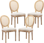 French Country Dining Chairs Set of 4,Farmhouse Upholstered Dining Room Chairs with Round Back and Solid Leg,Rattan Kitchen Chairs for Kitchen/Bedroom/Dining Room,Beige