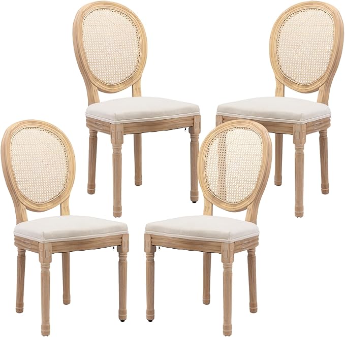 French Country Dining Chairs Set of 4,Farmhouse Upholstered Dining Room Chairs with Round Back and Solid Leg,Rattan Kitchen Chairs for Kitchen/Bedroom/Dining Room,Beige