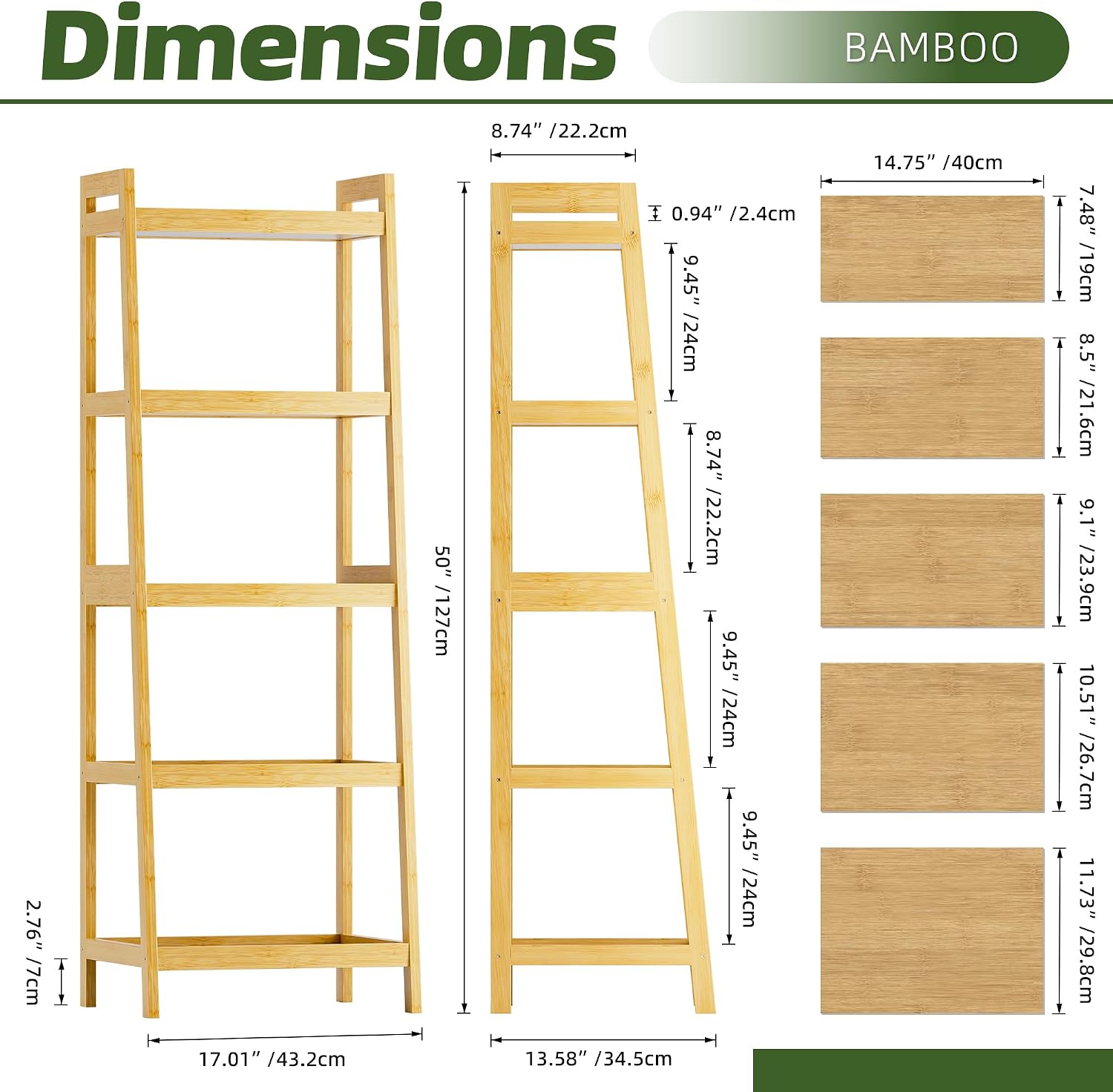Bookshelf, 5 Tier Ladder Bookcase with Bamboo Frame, Freestanding Tall Narrow Display Plant Shelf for Living Room, Kitchen, Bedroom, Balcony, Natural