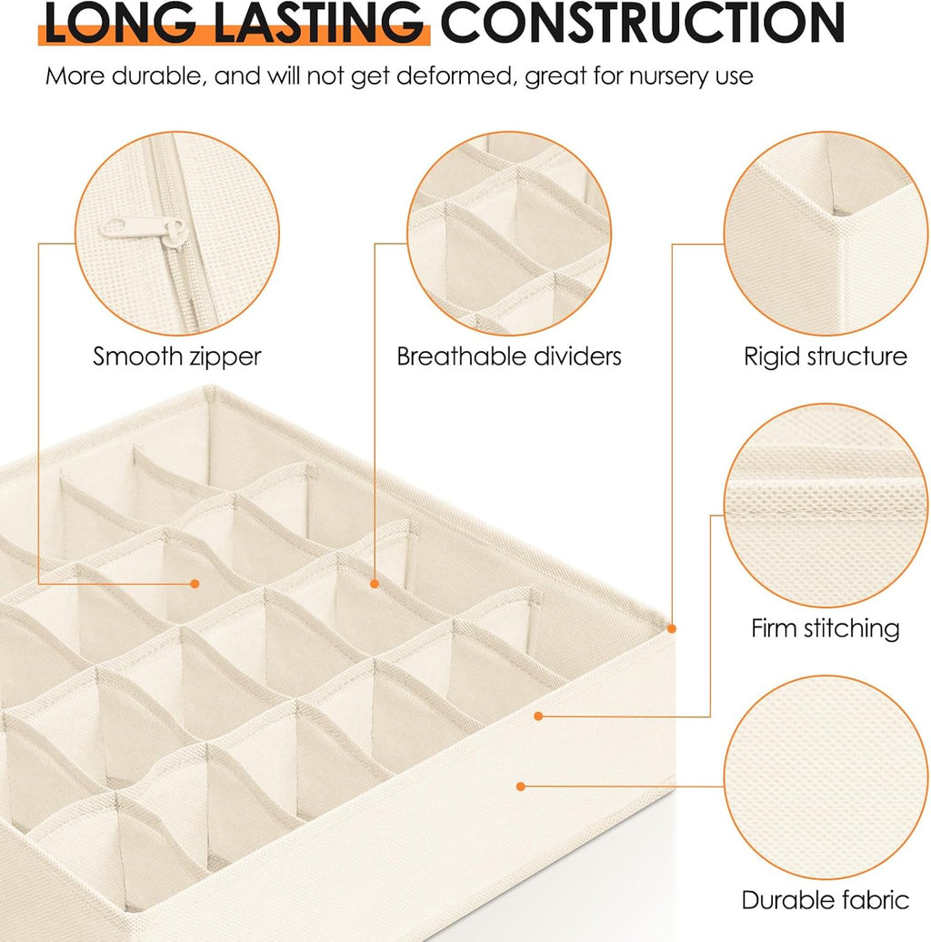 Criusia Drawer Organizer Clothes, 16 Pack Dresser Organizer Bins for Baby Clothes, Underwear Sock, Fabric Closet Organization and Storage Dividers for Nursery Bedroom (96 Compartments, Beige)