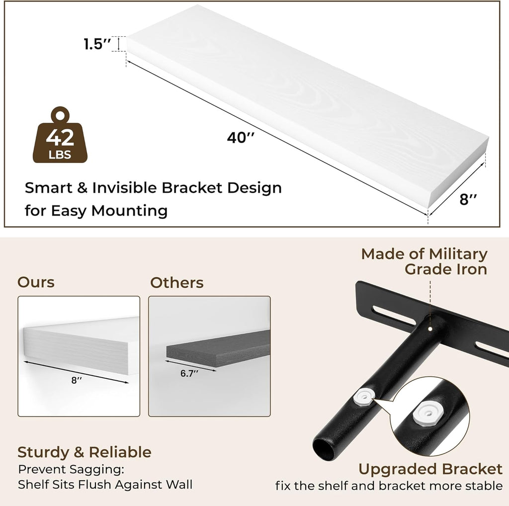 RICHFOCUS 40Inch Floating Shelves for Wall 2 Pack Shelves for Bedroom|Kitchen|Bathroom Wall Mounted Rustic Wood Floating Shelf with Invisible Brackets for Books|Storage|Decor, White