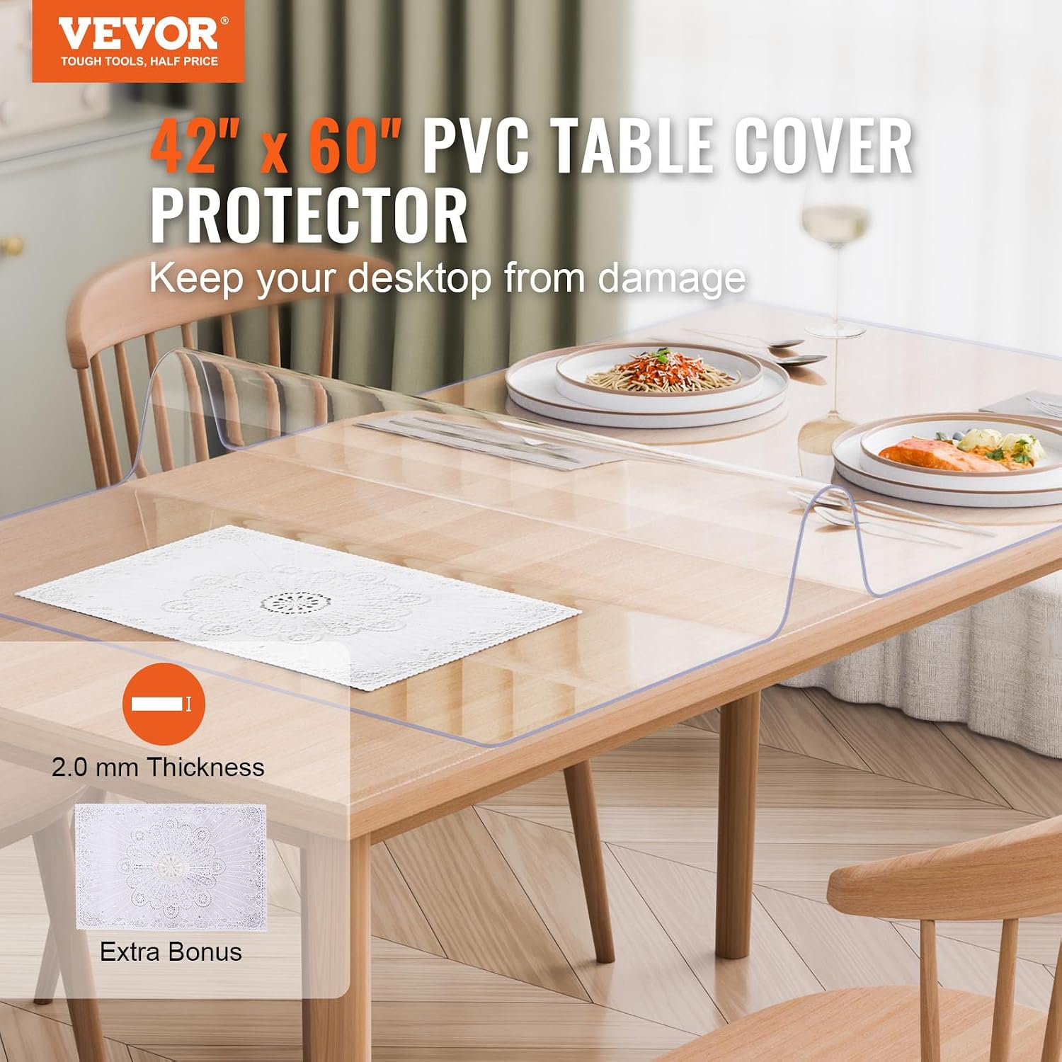 VEVOR Plastic Table Cover, 42 x 60 Inch 2.0 mm Thick Clear PVC Desk Mat Protector, Waterproof & Easy Cleaning Desk Pad Tablecloth, for Office, Dresser, Dining Room, Night Stand