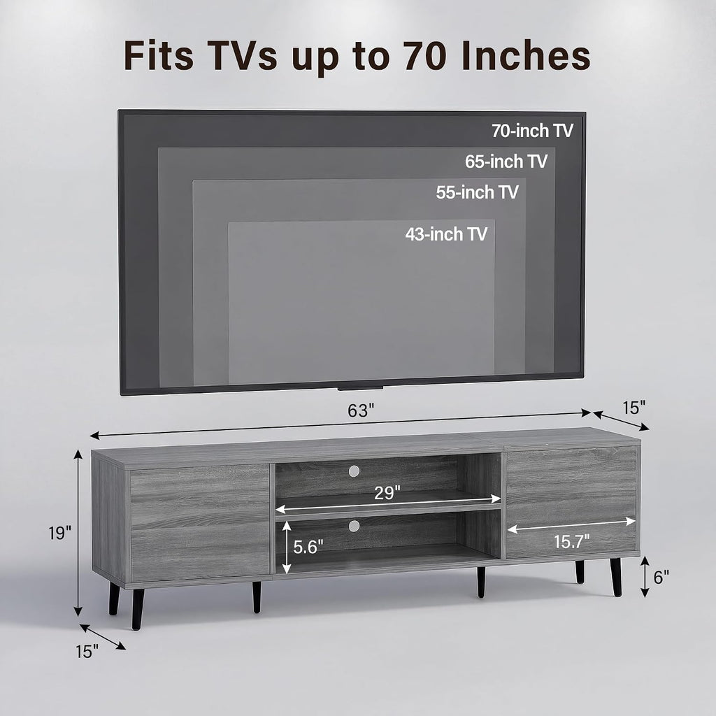JUMMICO Mid-Century Modern TV Stand for 65-70 Inch TVs, 63 Inch Media Console with Storage, Entertainment Center with Push-Open Cabinets and Cable Management for Living Room (Grey, 63 Inches)