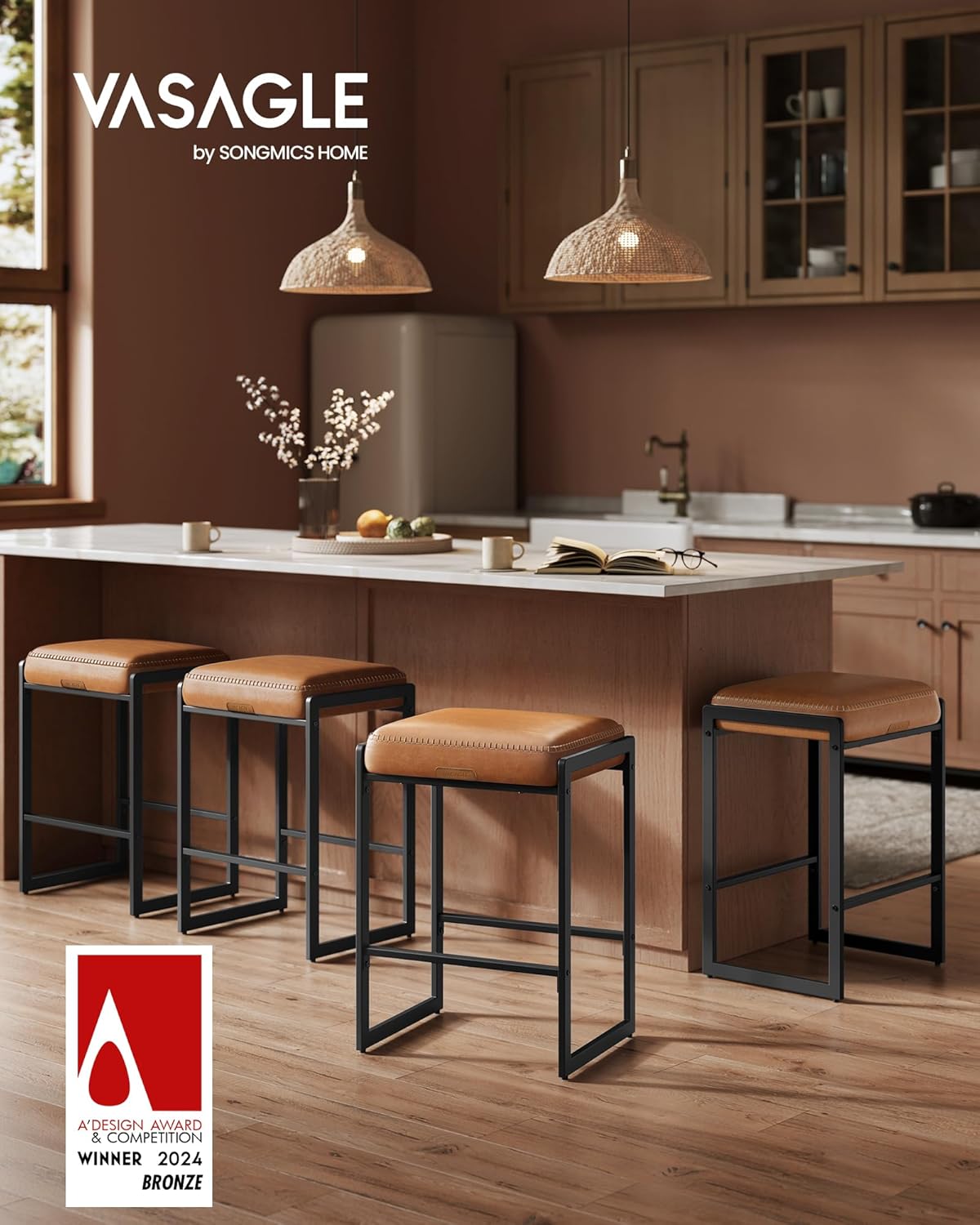 VASAGLE EKHO Collection - Bar Stools Set of 3, Counter Height Bar Stools, Synthetic Leather with Stitching, Mid-Century Modern Counter Stools, 26-Inch Tall, Kichen Home Bar Dining Room, Caramel Brown