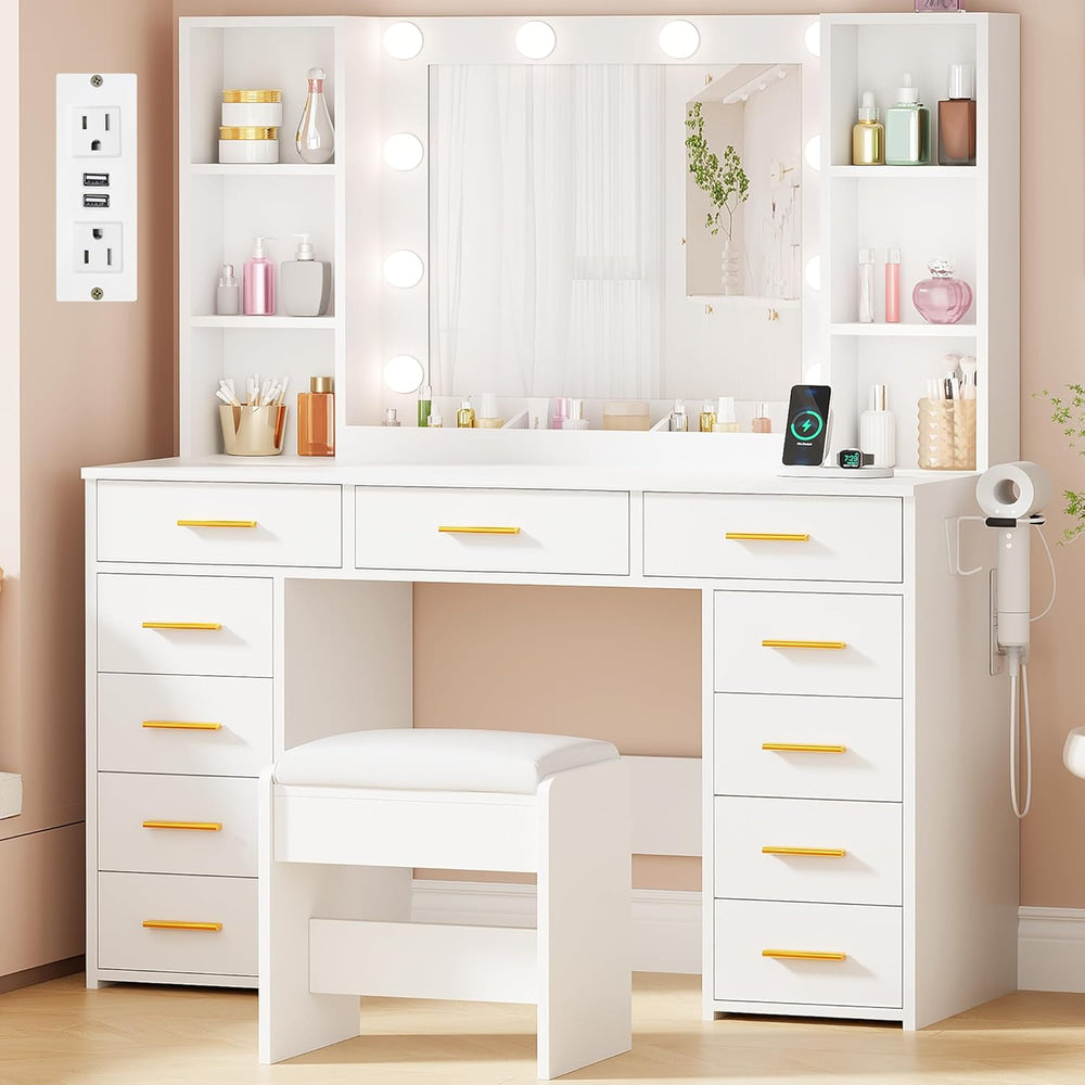 ANWBROAD 11 Drawers Makeup Vanity Desk with Mirror and Lights,Stool | White V...