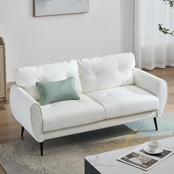 TYBOATLE 61" Loveseat Couches for Living Room, White Faux Leather Couch Mid Century Modern Tufted Mini Sofa Comfy Office 2 Seat Settee Love Seat Small Couches for Small Spaces Bedroom, White