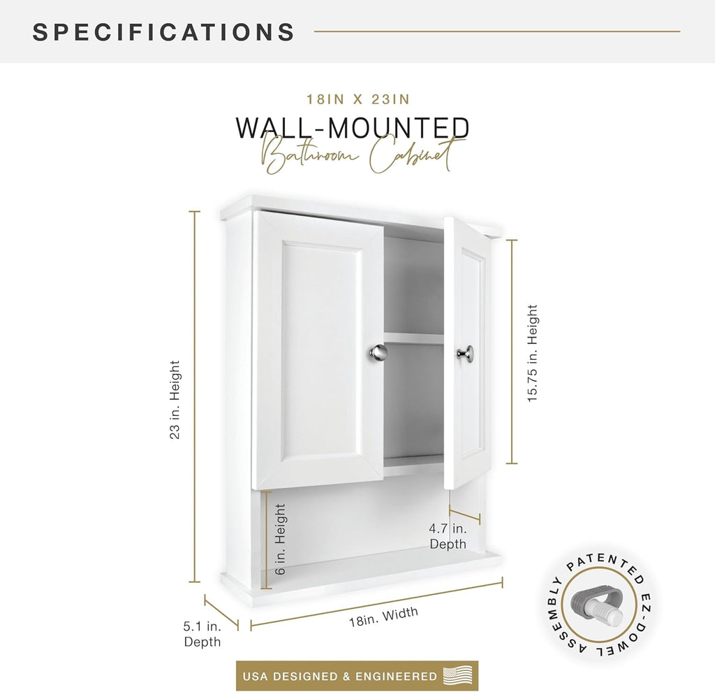 MCS 23x18 White Medicine Cabinet Organizer, Wall Mounted 2-Door Bathroom Cabinet for Over-The-Toilet Storage, Bathroom Furniture & Restroom Organizer