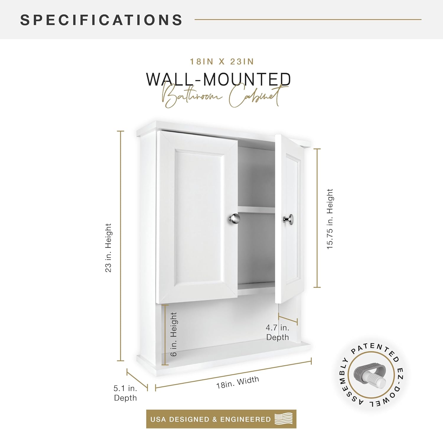 MCS 23x18 White Medicine Cabinet Organizer, Wall Mounted 2-Door Bathroom Cabinet for Over-The-Toilet Storage, Bathroom Furniture & Restroom Organizer