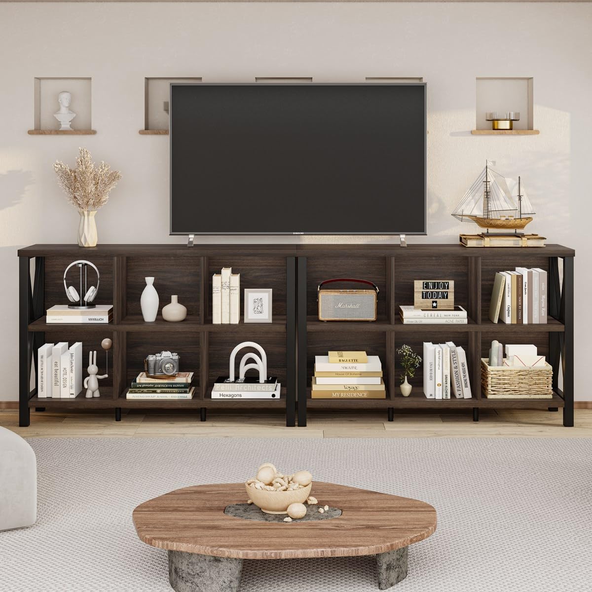 6 Cube Storage Organizer with Shelf, Short Horizontal Bookshelf for Living Room, Wood and Metal Cubby Bookcase, 47 Inch Industrial Low Book Shelf and Book Case (Dark Walnut)