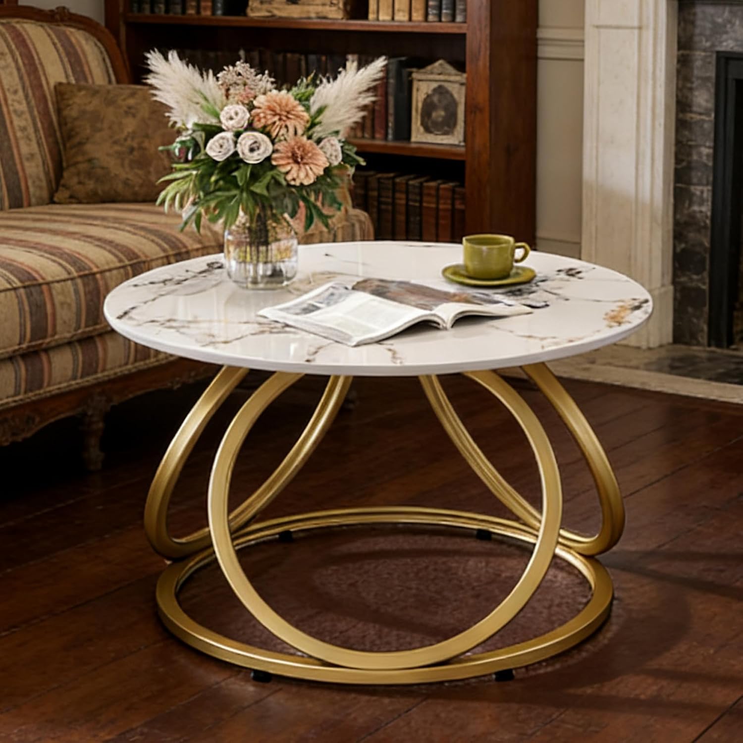 O&K FURNITURE Modern Gold Coffee Table, Faux Marble Pattern Center Table with Sintered Stone Tabletop, Round Coffee Table Living Room & Home Office