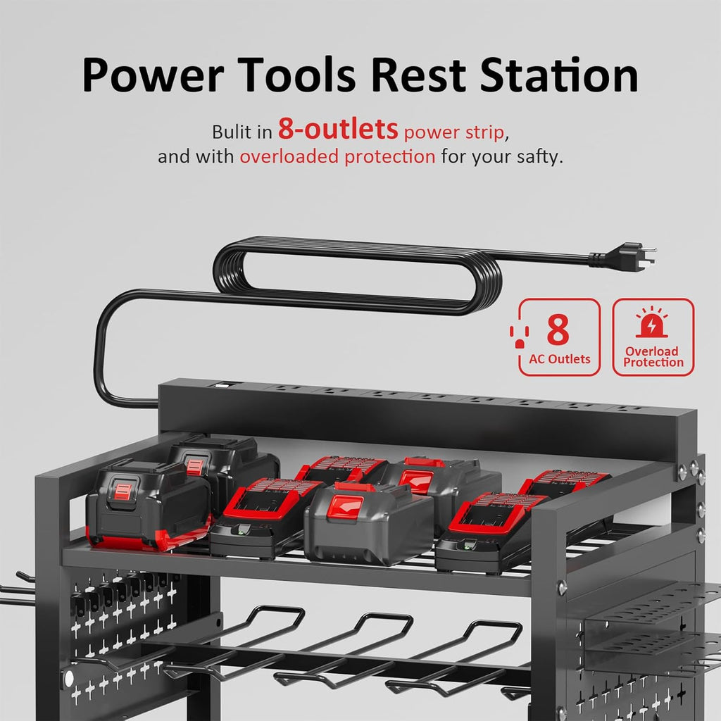Power Tool Organizer Cart with 8 Charger Ports & Adjustable Storage, Garage Workshop Utility Cart for Mechanic, Birthday Gift Ideas for Men