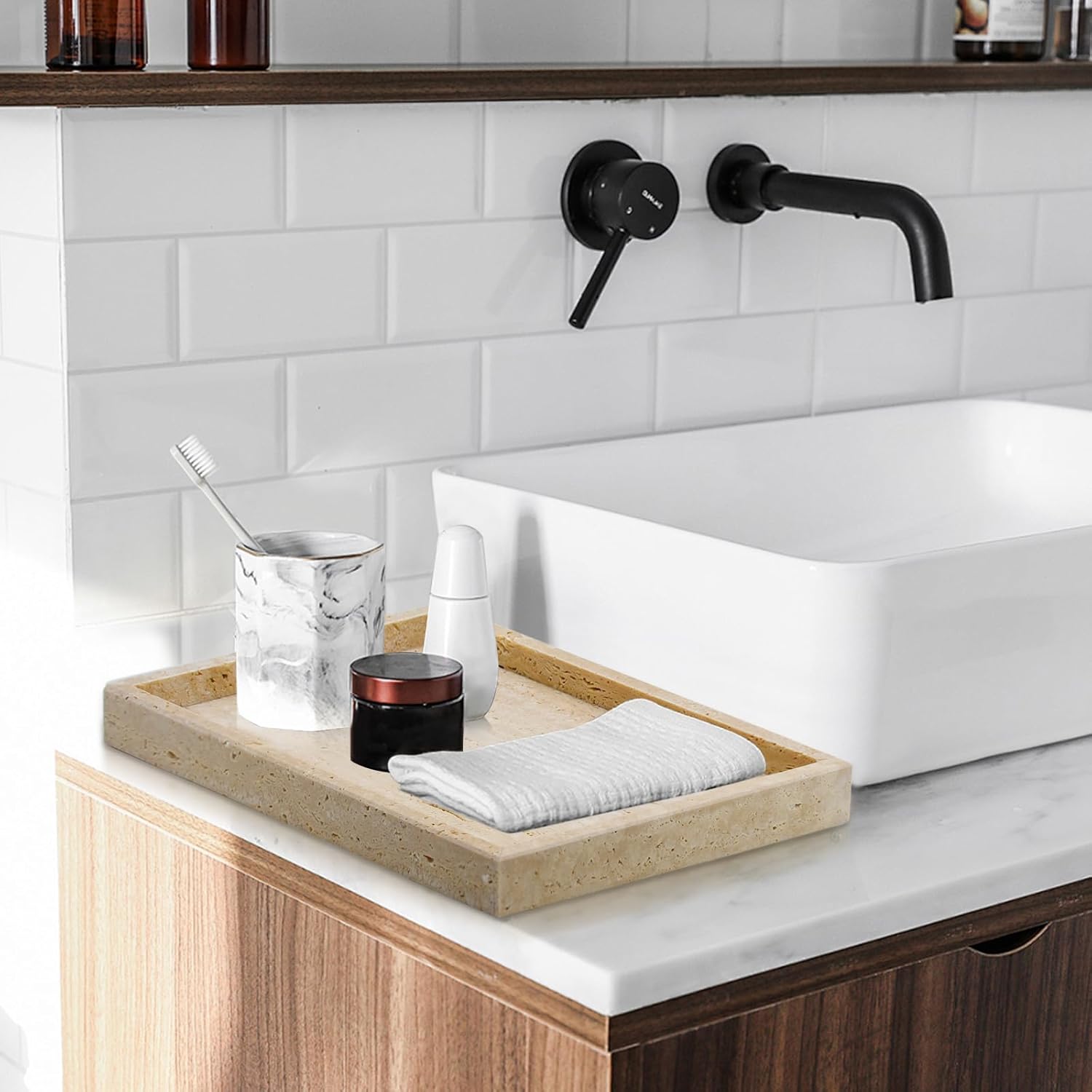 Travertine Tray,Bathroom Vanity Tray Non-Ceramic/Non-Resin,Marble Perfume Decorative Tray 12 x 8 inch (Travertine)