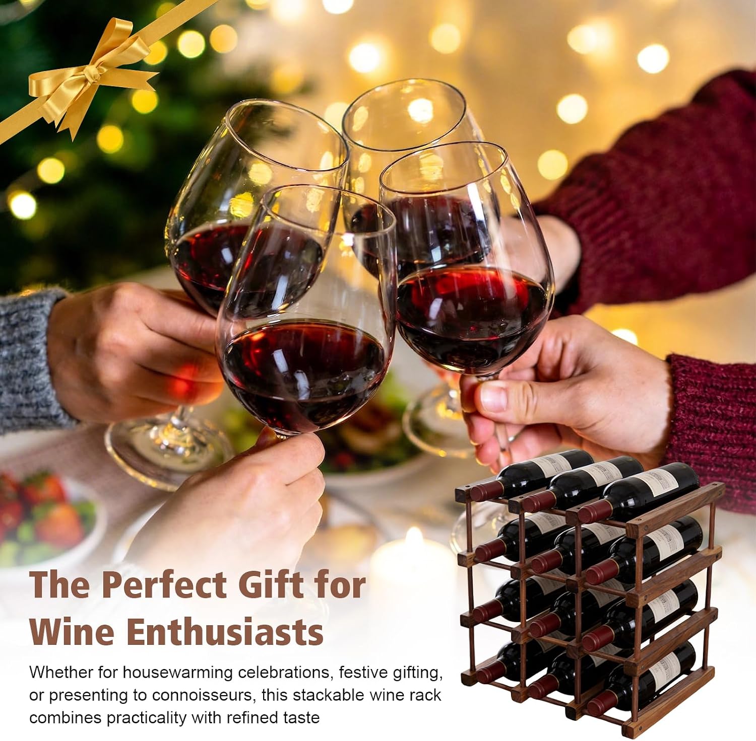 12 Bottle 4 Tiers Wooden Wine Rack for DIY Assembly, Great Gift | Stackable Modular Wine Rack, Wine Bottle Holder for Inside Cabinet Counter and Bar Organizer