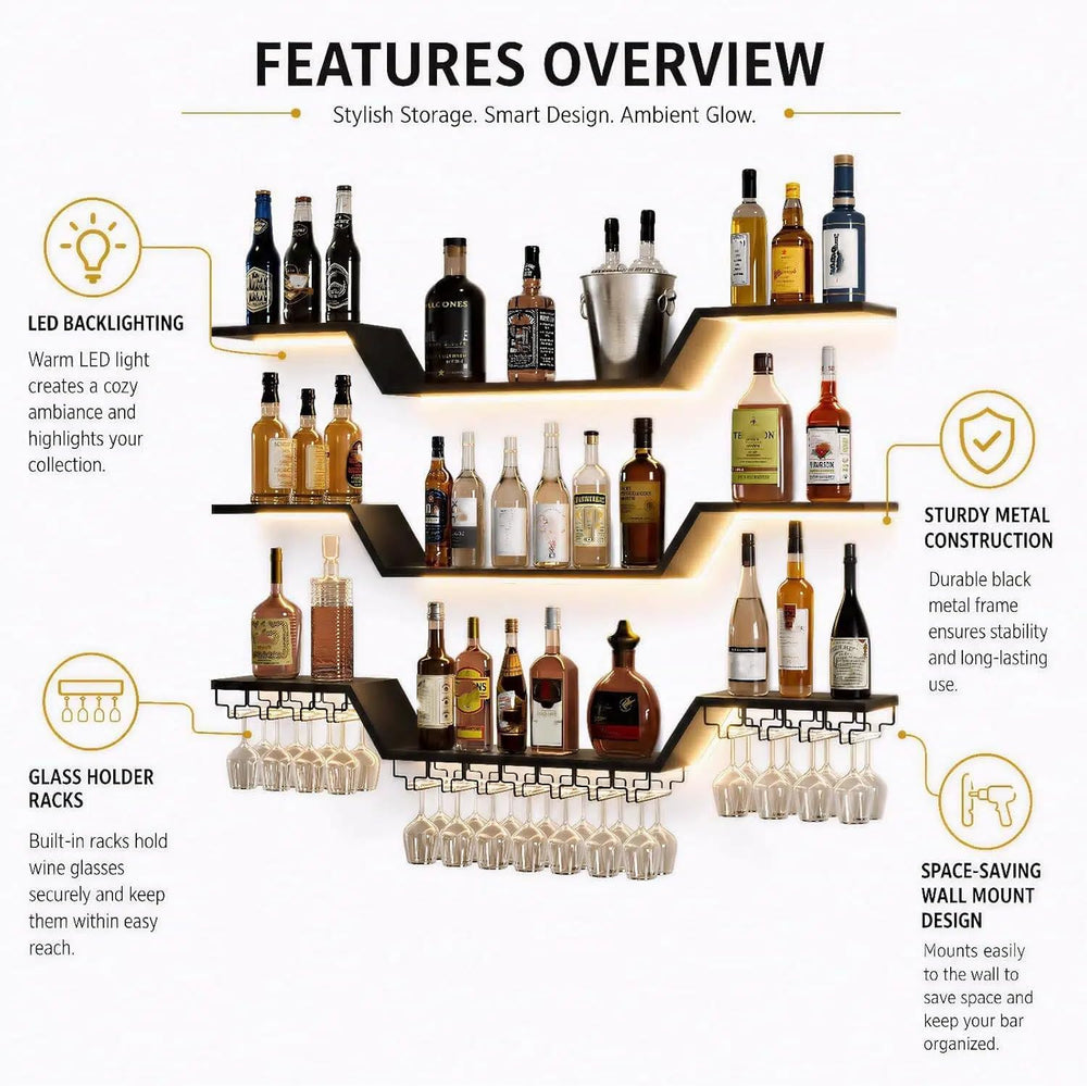 Wall Mounted Wine Rack with LED Lights | 3-Tier Floating Bar Shelves, Hanging...