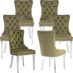 Mid Century Modern Dining Chairs Set of 6, Olive Velvet Upholstered Tufted Back, Kitchen & Dining Room Chairs, Brushed Silver Metal Legs, Nailhead Trim, Sillas para Comedor (Olive, 6 Pcs)