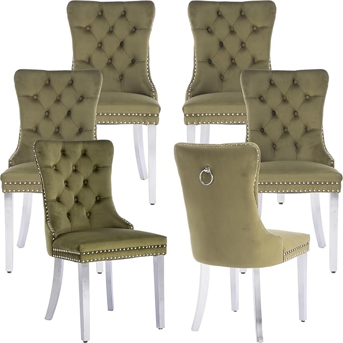 Luxury Upholstered Dining Chairs Set of 6, Olive Green Kitchen Chair with Silver Metal Legs, Velvet Tufted Back Dining Chair, Sillas de Comedor, Modern Kitchen & Dining Room Chairs (Olive, 6 Pcs)