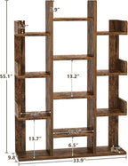 Aheaplus Bookshelf, Tree-Shaped Bookcase Storage Shelf with 13 compartments, Books Organizer Display Cube Shelves, Industrial Free Floor Standing Wood Open Bookshelves for Home