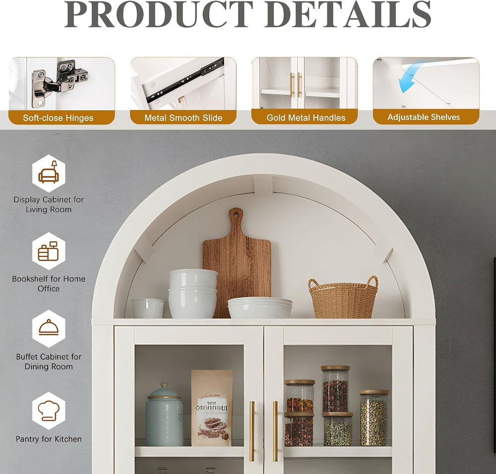 71" Tall Arched Kitchen Pantry Cabinet with Glass Doors - Farmhouse Stor...