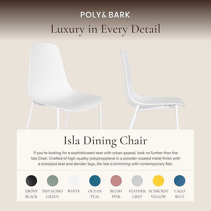 POLY & BARK Isla Modern Dining Chairs Set of 4 – Mid Century Modern Plastic Dining Chair with Metal Legs – Kitchen & Dining Room Chairs – Indoor/Outdoor – White