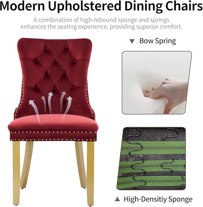 Velvet Dining Chairs Set of 2, Upholstered Dining Room Chairs with Lion Head Pulls Ring and Golden Solid Wood Legs, Modern Button Tufted Kitchen Chairs for Dining Room, Kitchen(Wine Red)