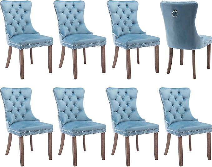 Modern Dining Chairs Set of 8, Tufted Upholstered Dining Chair with Solid Wood Legs, Light Blue Velvet Accent Chair, Sillas de Comedor, Kitchen & Dining Room Chairs (Light Blue, Velvet, 8Pcs)