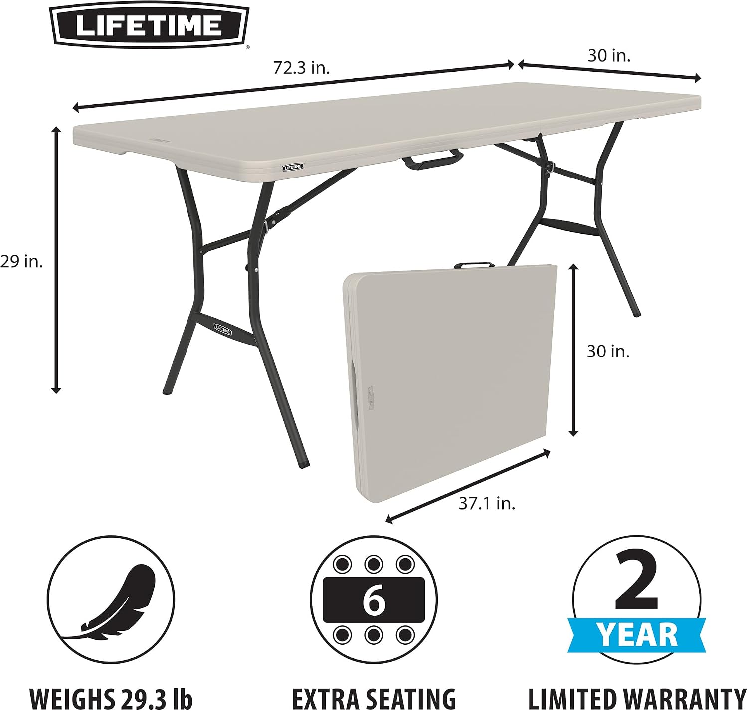 LIFETIME 6-Foot Fold-in-Half Table, Light Commercial Folding Table, Almond