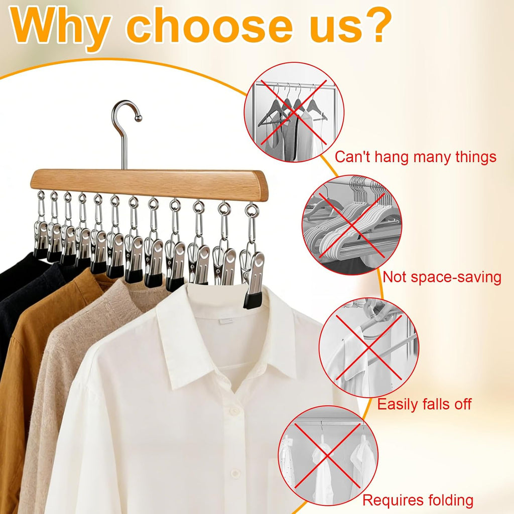 Closet Organizer with 10 Clips, 2 Pack Wooden Hanging Storage Hanger, Space Saving Multifunctional Rack for Ties, Scarves, Hats & Small Accessories