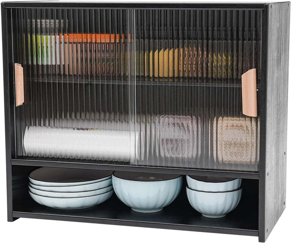 3 Tier Kitchen Pantry Storage Cabinet with with 2 Sliding Striped Glass Doors...