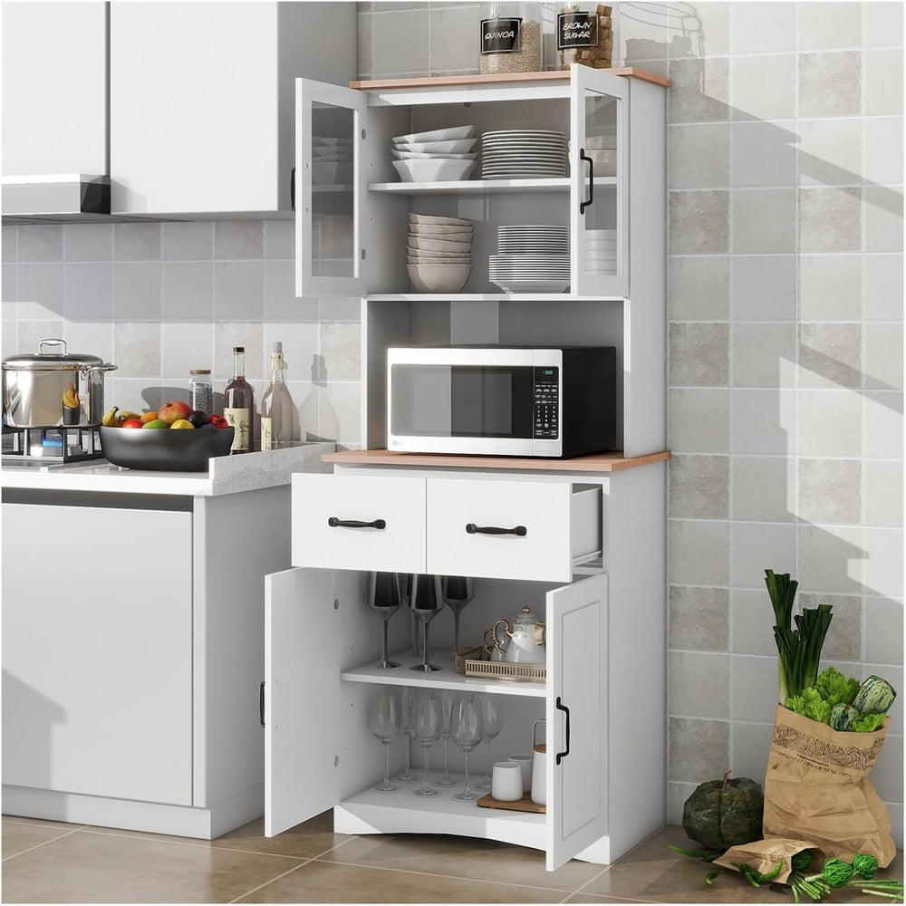 Kitchen Cabinet White Pantry Room Storage Microwave Cabinet with Framed Glass...