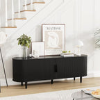 VOWNER 63" Fluted TV Stand, Modern Entertainment Center for TVs Up to 65" with Adjustable Shelves and Sliding Doors, Curved Media Console Table with Storage Cabinet for Living Room Bedroom (Black)