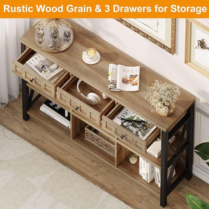 FATORRI Rustic 6 Cube Storage Organizer Shelf with 3 Drawers, Long Horizontal...