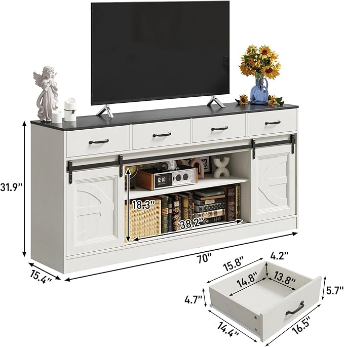 St.Mandyu 70" Large Farmhouse TV Stand for 85/80/75/70 Inch TVs w/4 Drawers,Rustic Tall Media Console w/Sliding Barn Door, Adjustable Shelves,Tall Entertainment Center for Living Room