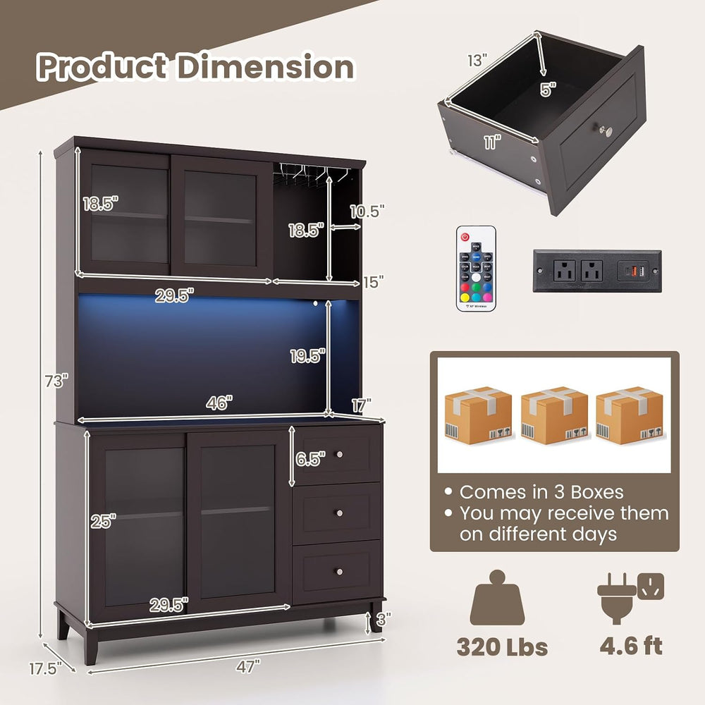 73” Kitchen Pantry Storage Cabinet, Buffet Hutch w/Power Outlets & Led Li...