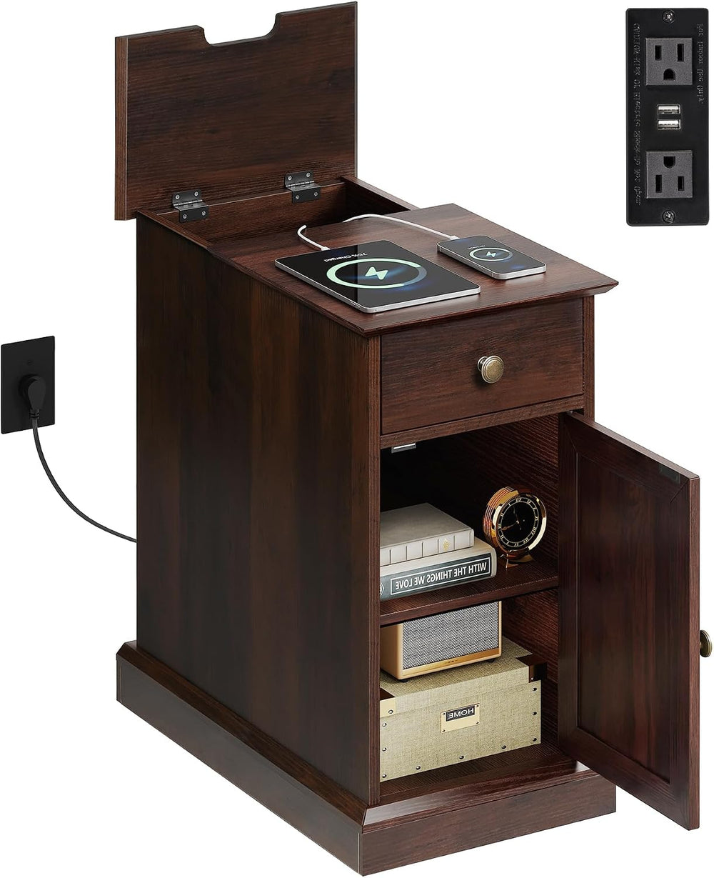 WLIVE End Table with Charging Station, Narrow Sied Table with Drawer & Ca...