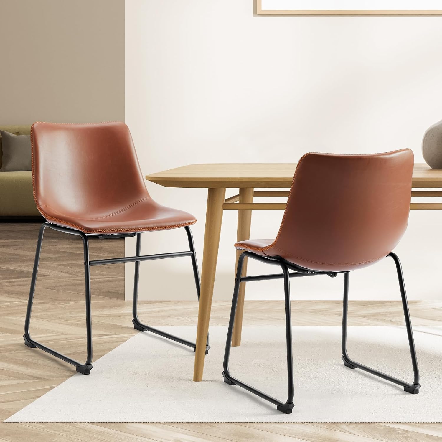 NEWBULIG Dining Table Height Barstools with Leather Back Matel Bar Stool Chairs for Kitchen, Set of 2 16 inch, Whiskey Brown